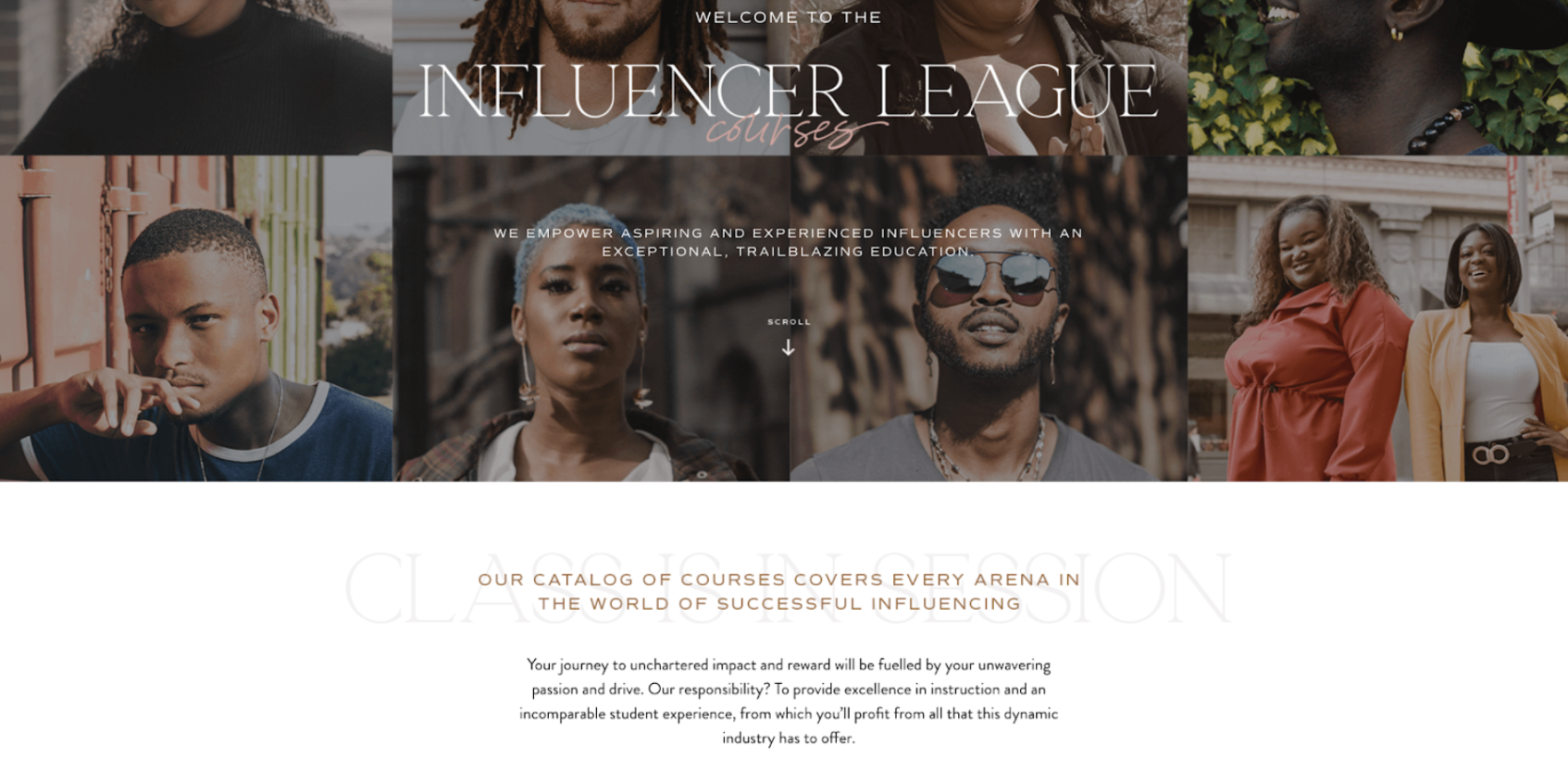 A website homepage for an influencer league courses, featuring a collage of diverse young adults and professionals, with text highlighting the mission to empower aspiring influencers through education.
