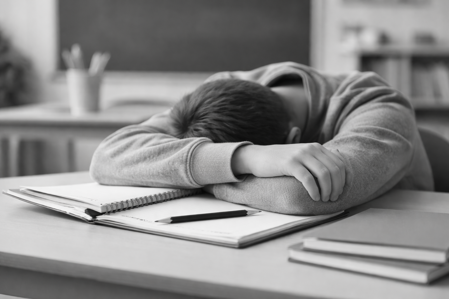 Niño con la cabeza apoyada en el pupitre de clase junto a un cuaderno abierto, imagen asociada al TDAH con predominio inatento.