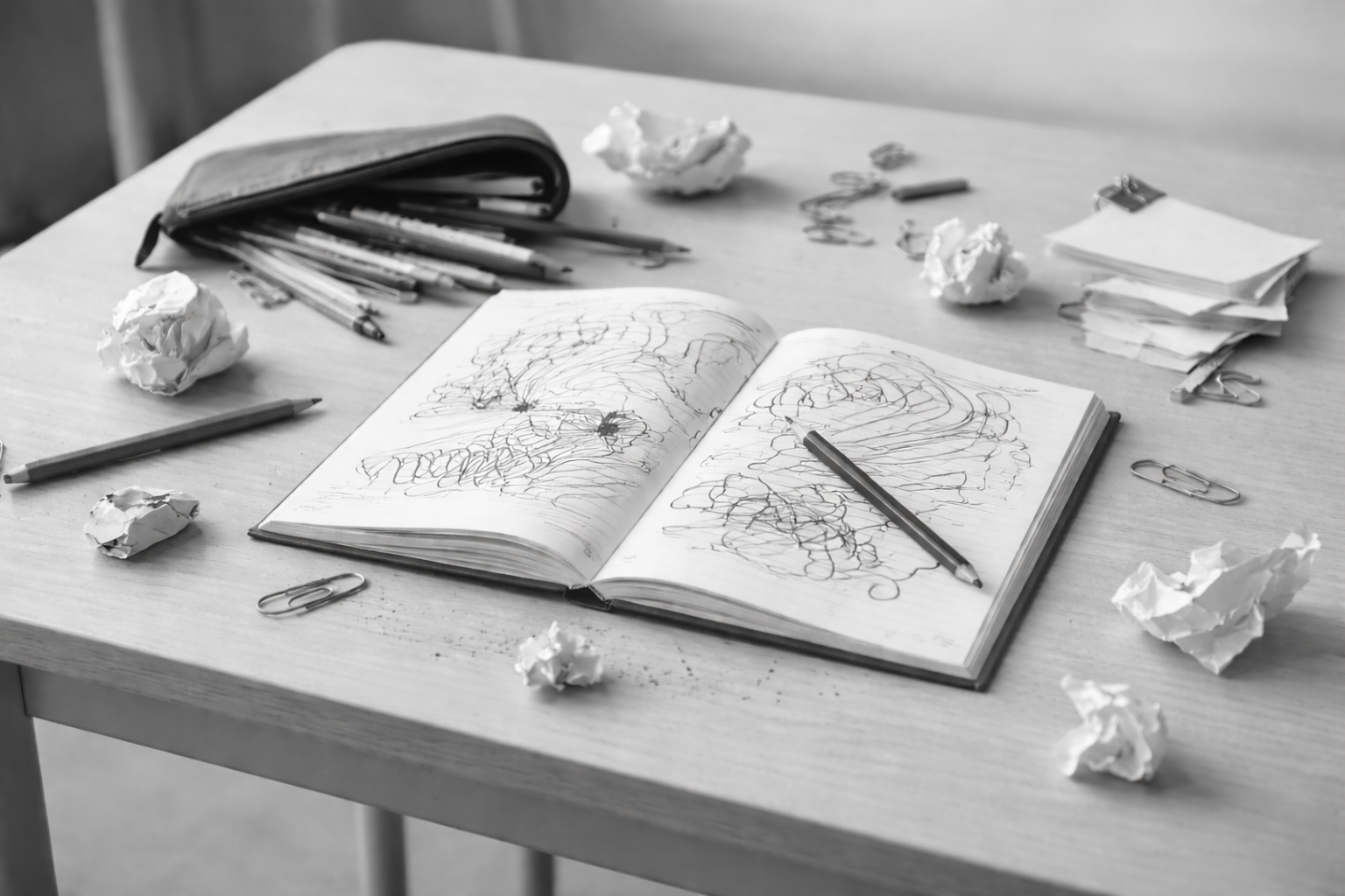 Material escolar desordenado sobre una mesa, con cuaderno abierto, lápices y papeles arrugados.