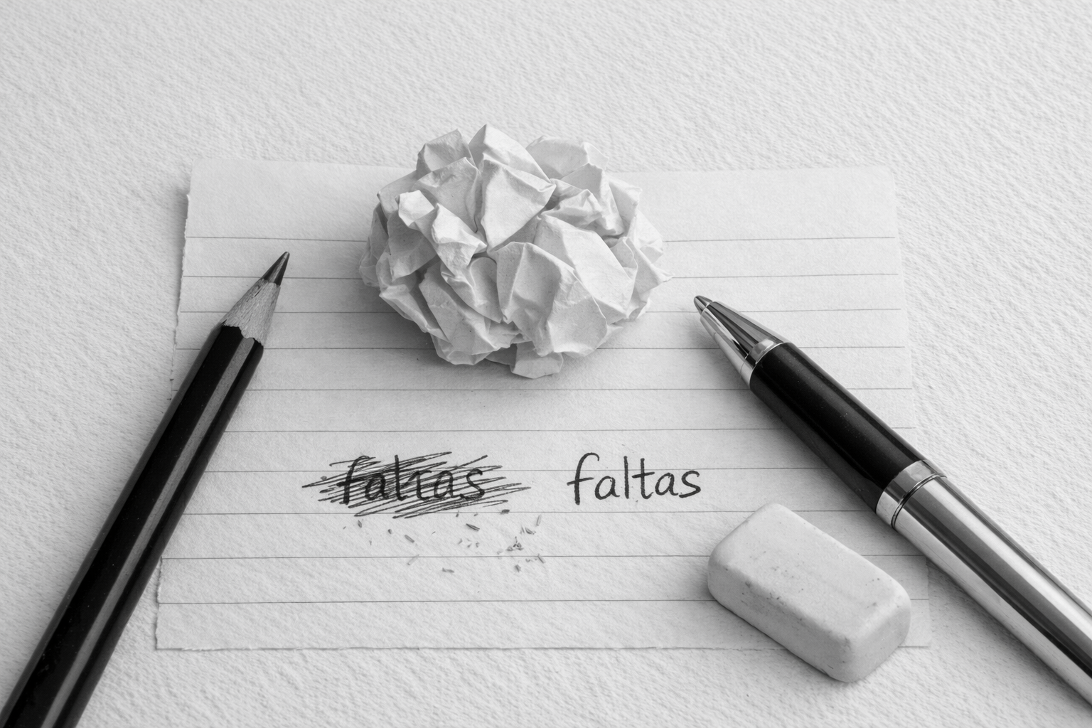 Material de escritura sobre hoja rayada y fondo texturizado, imagen conceptual sobre dificultades en la expresión escrita.