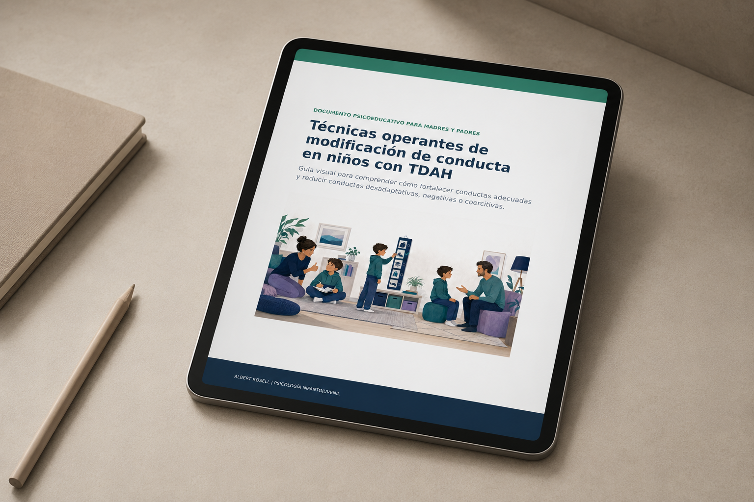 Tableta mostrando la portada de la guía sobre técnicas de modificación de conducta en niños con TDAH.