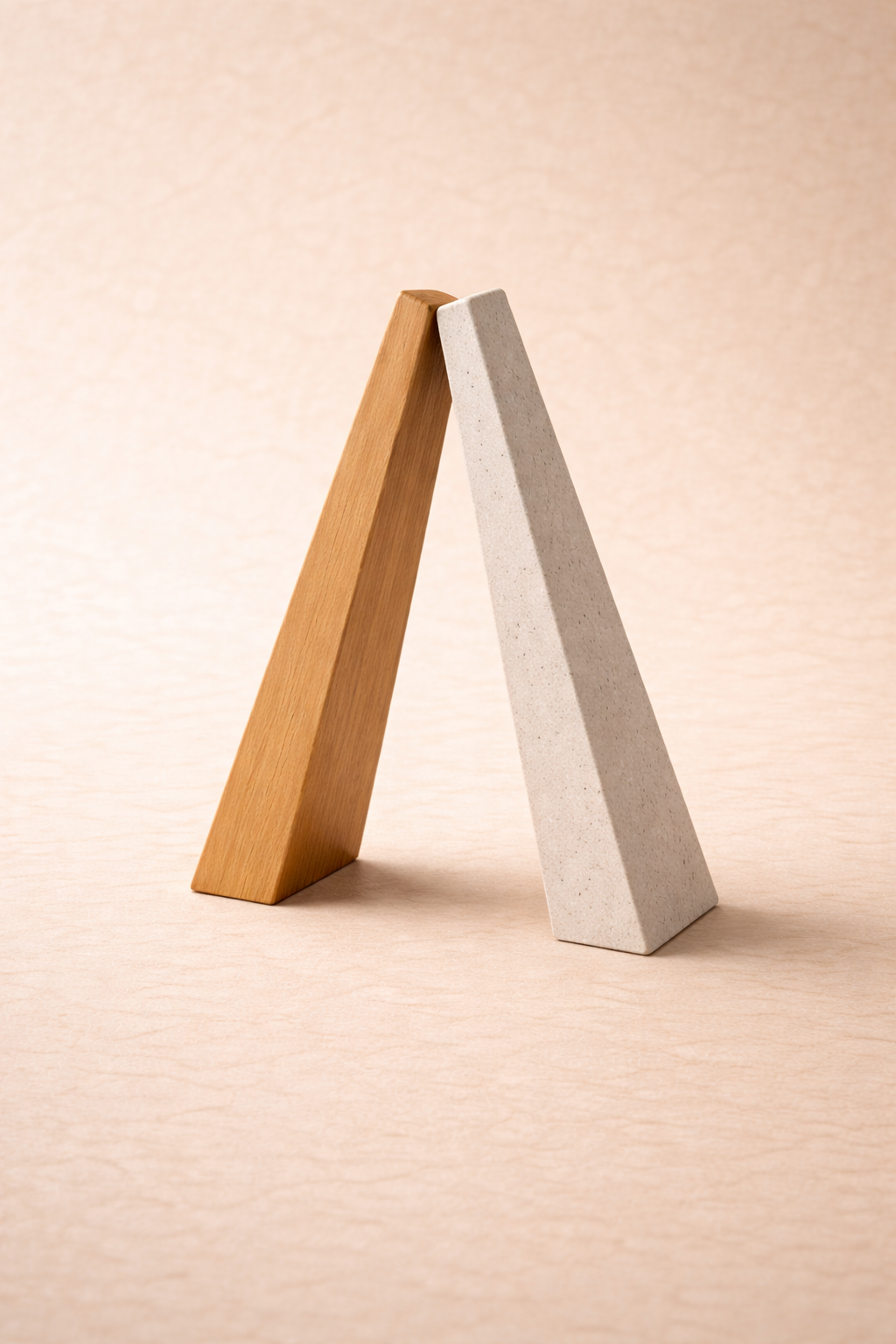 Representación abstracta del apoyo parental: dos estructuras inclinadas sosteniéndose mutuamente, simbolizando la importancia de la coherencia, el asesoramiento a padres y los límites compartidos.