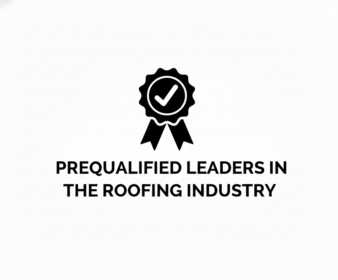 Black and white icon of a ribbon with a checkmark inside, accompanied by text that reads 'Prequalified leaders in the roofing industry'.