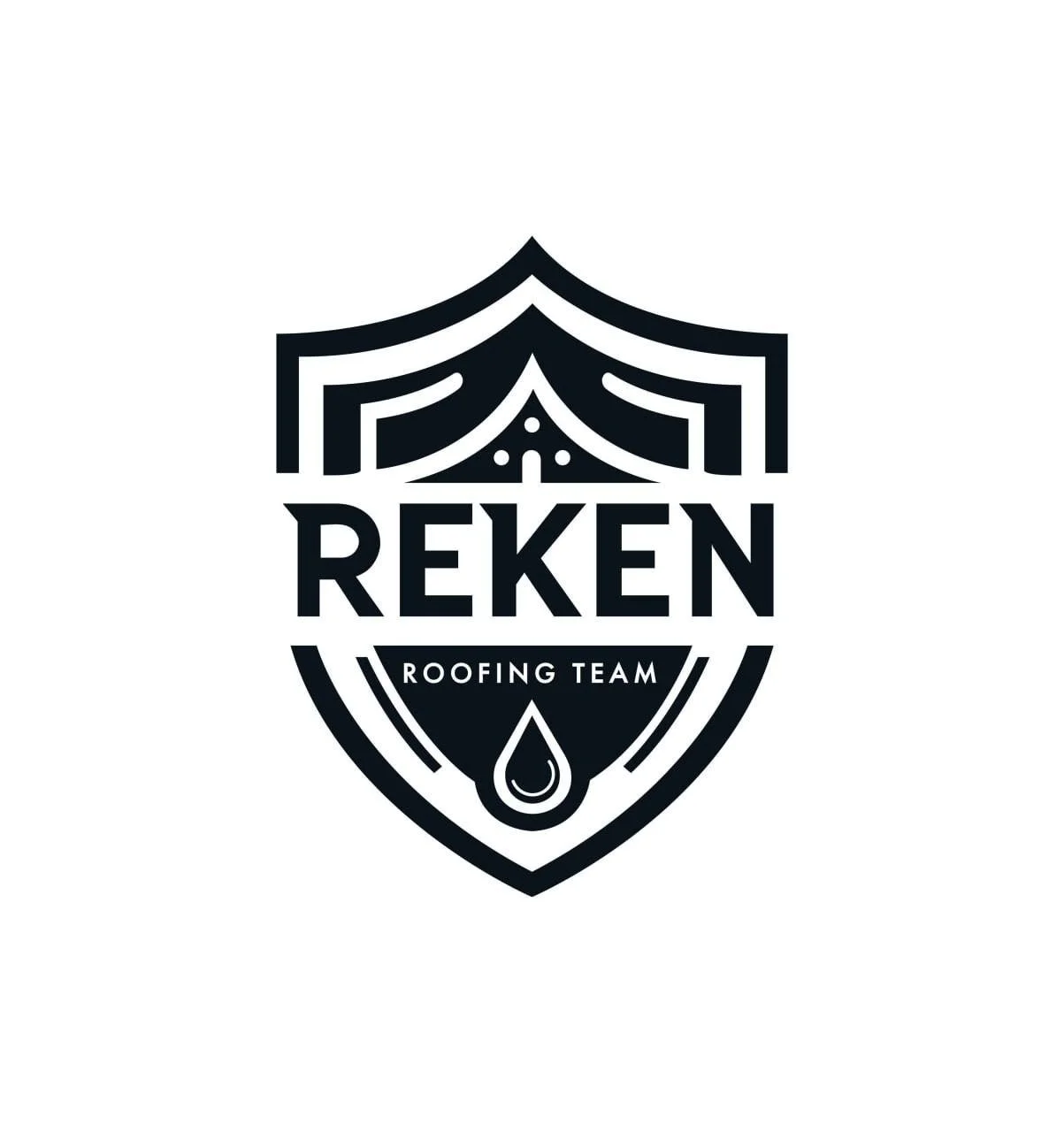 Logo for Reken Roofing Team featuring a shield with a roof outline, a water droplet, and text in black and white.