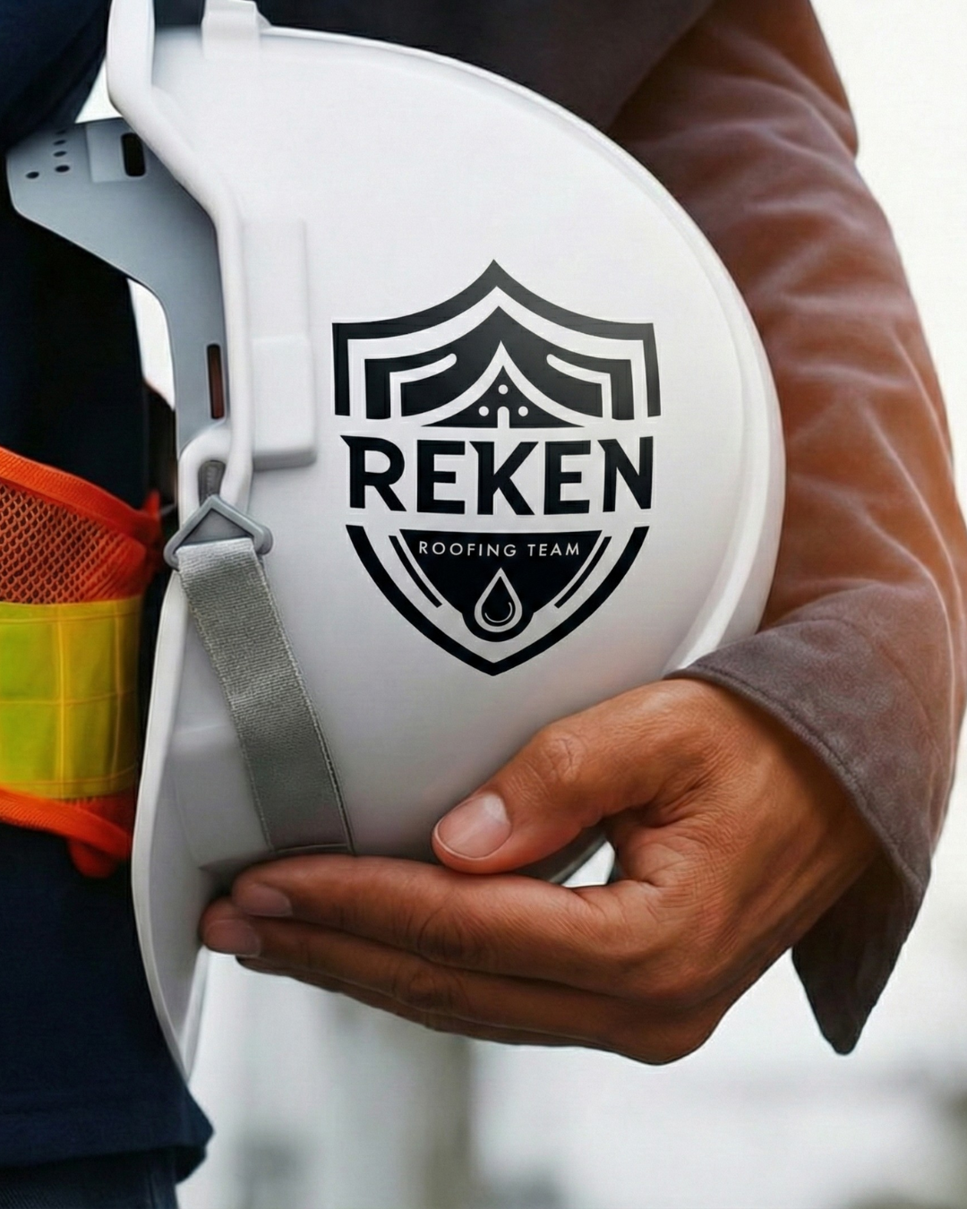 Person holding a white safety helmet with a black logo and text for REKEN Roofing Team, wearing a brown jacket and a safety vest.