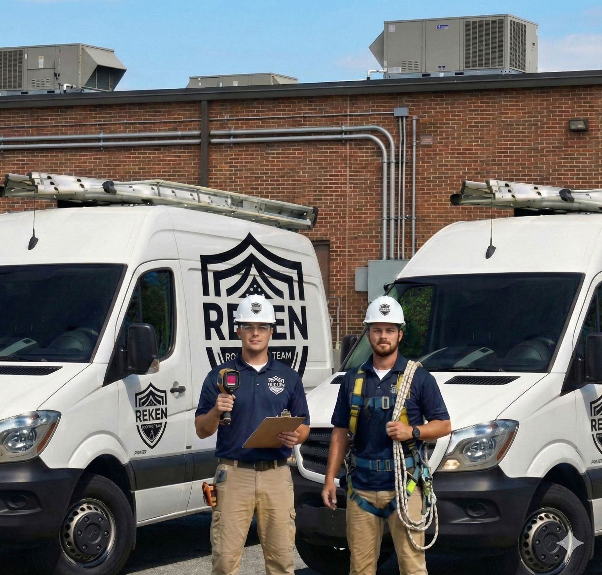 Two male HVAC technicians standing in front of service vans with REKEN logos, wearing safety gear including helmets and harnesses, in an industrial area with a brick wall and rooftop HVAC units.