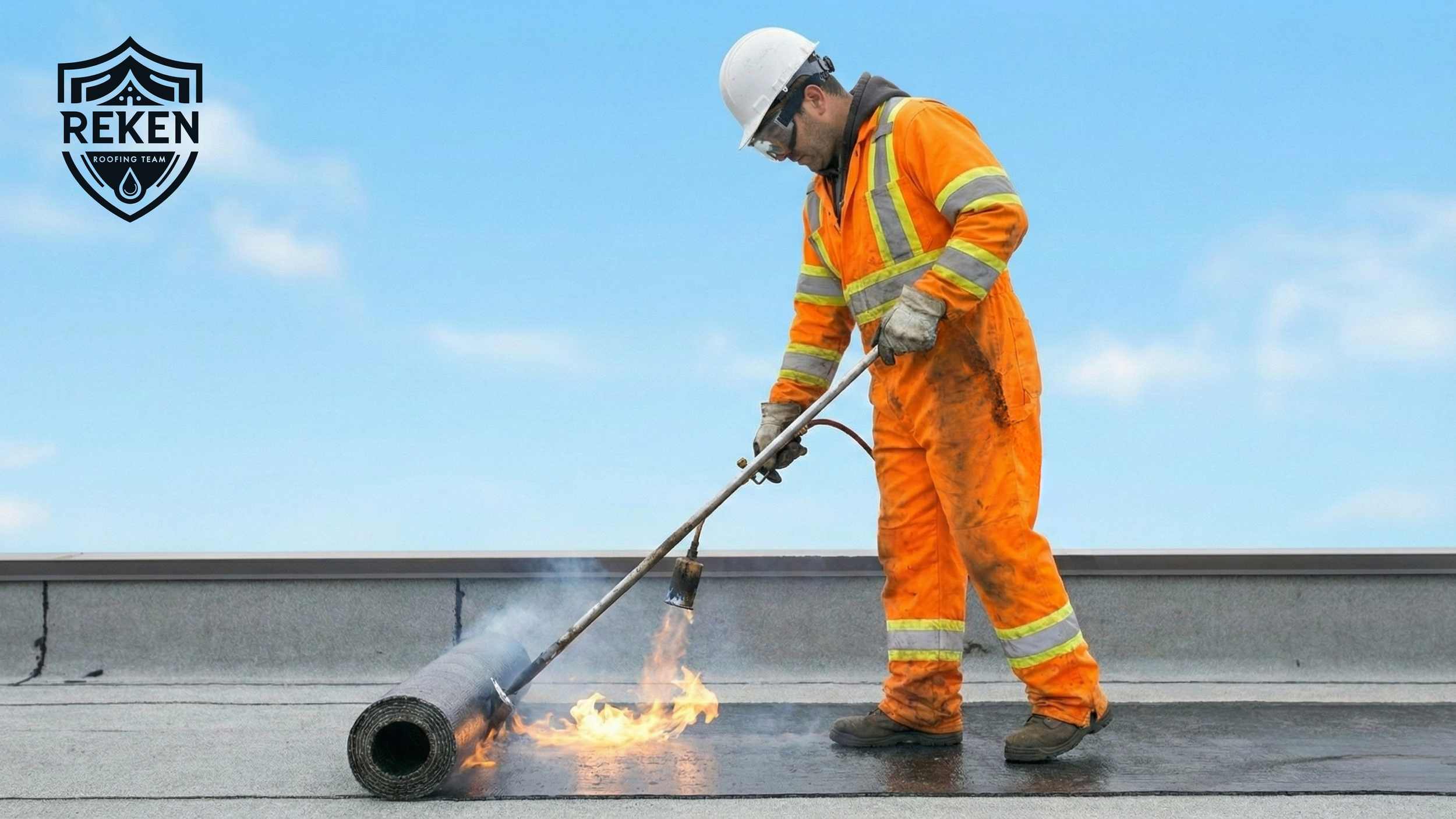 A construction worker in an orange safety suit and white helmet using a blowtorch on a flat roof, with flames and smoke around the torch, and a blue sky in the background.