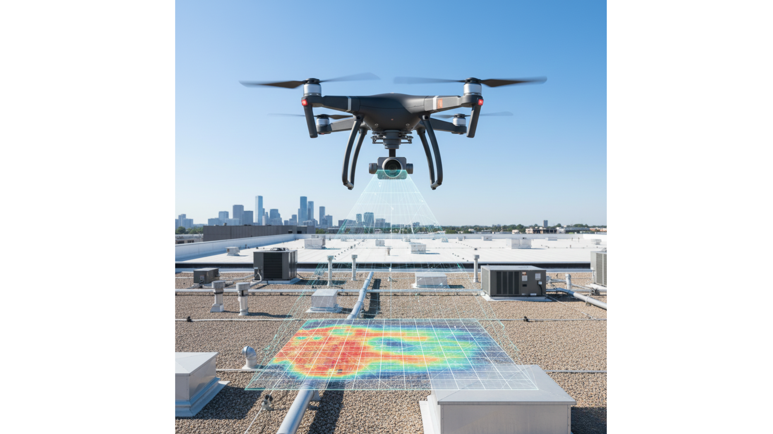 A drone flying above a building rooftop with a 3D lidar mapping display showing a heat map of the area.