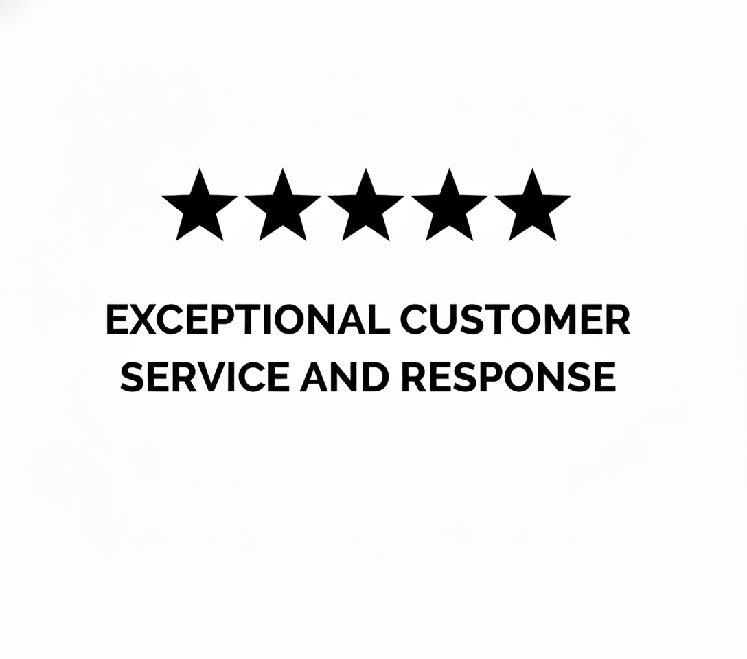 Five black stars above the text 'Exceptional customer service and response' in bold black font on a white background.