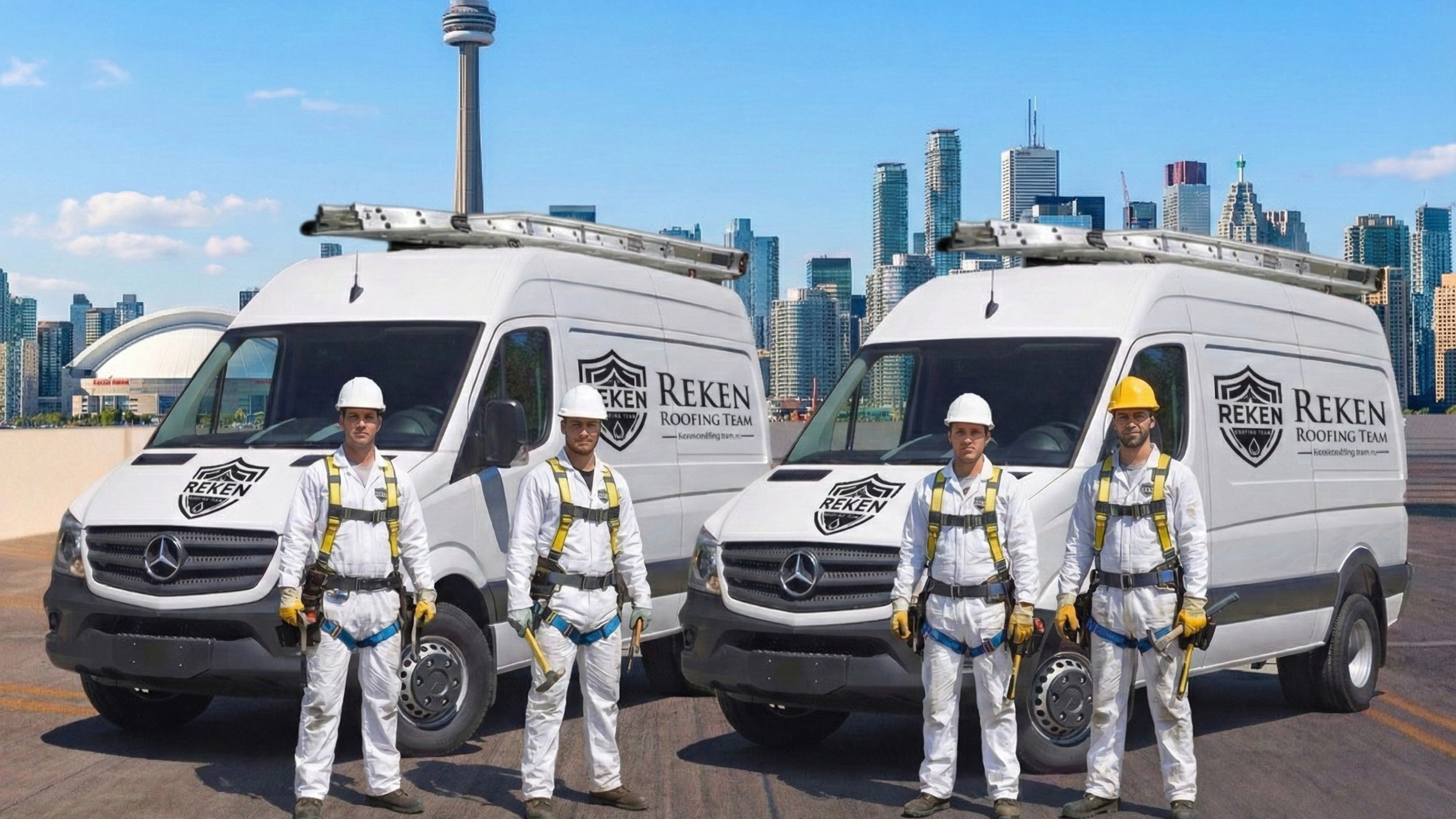 Four construction workers in safety gear stand in front of two white vans with 'Reken Roofing Team' logos, on a rooftop with a city skyline in the background.