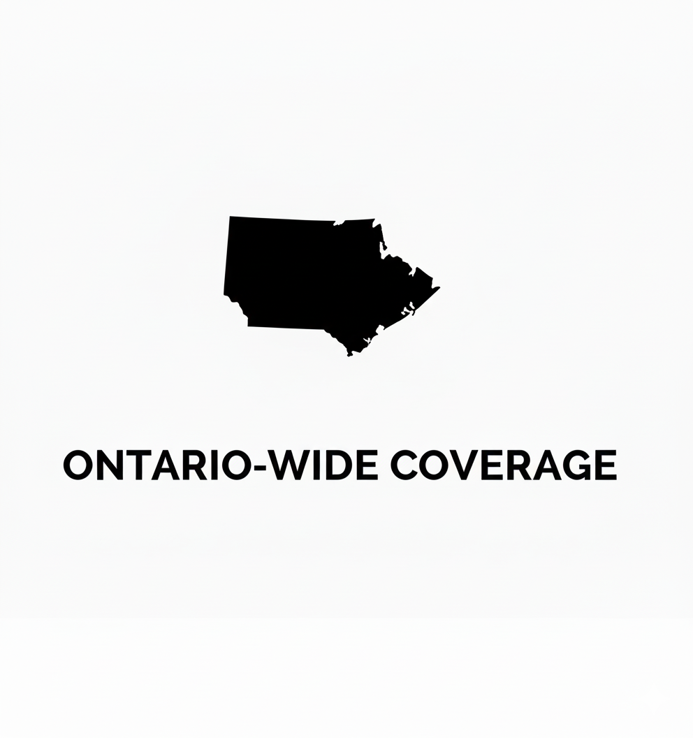 Black silhouette map of Ontario with text 'ONTARIO-WIDE COVERAGE' underneath.