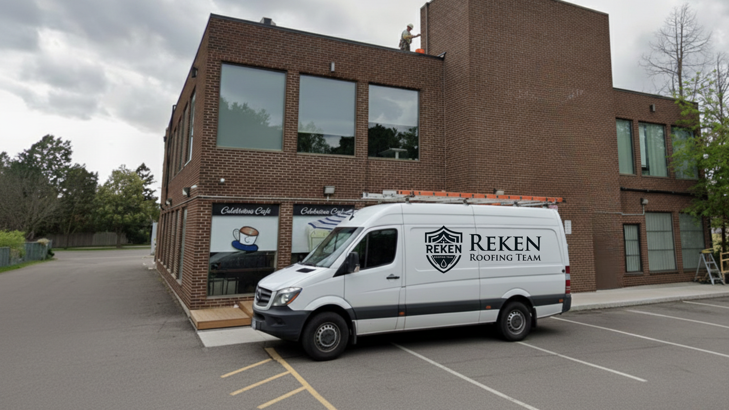 A white REKEN Roofing Team van is parked outside a modern brick commercial building with large windows. The building has a sign for a dessert cafe on the ground floor, and a worker is on the roof performing maintenance or repairs.