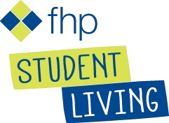 Poster with the words 'Student Living' and a blue and green geometric background.