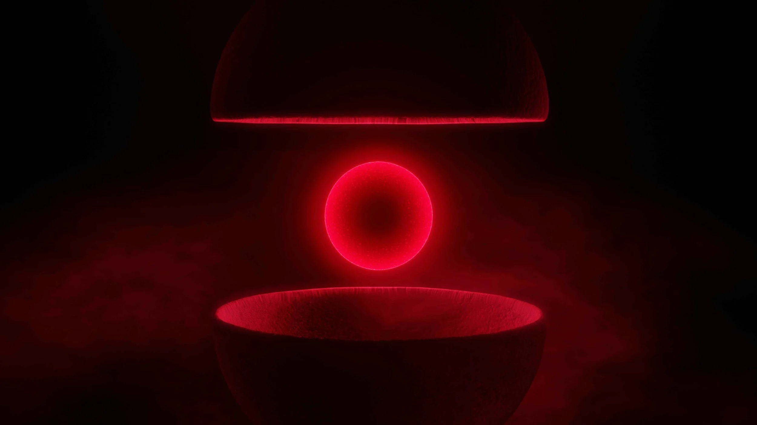 Red-lit geometric abstract design with a glowing red sphere centered between two dark, spherical shapes, creating a symmetrical, futuristic appearance.