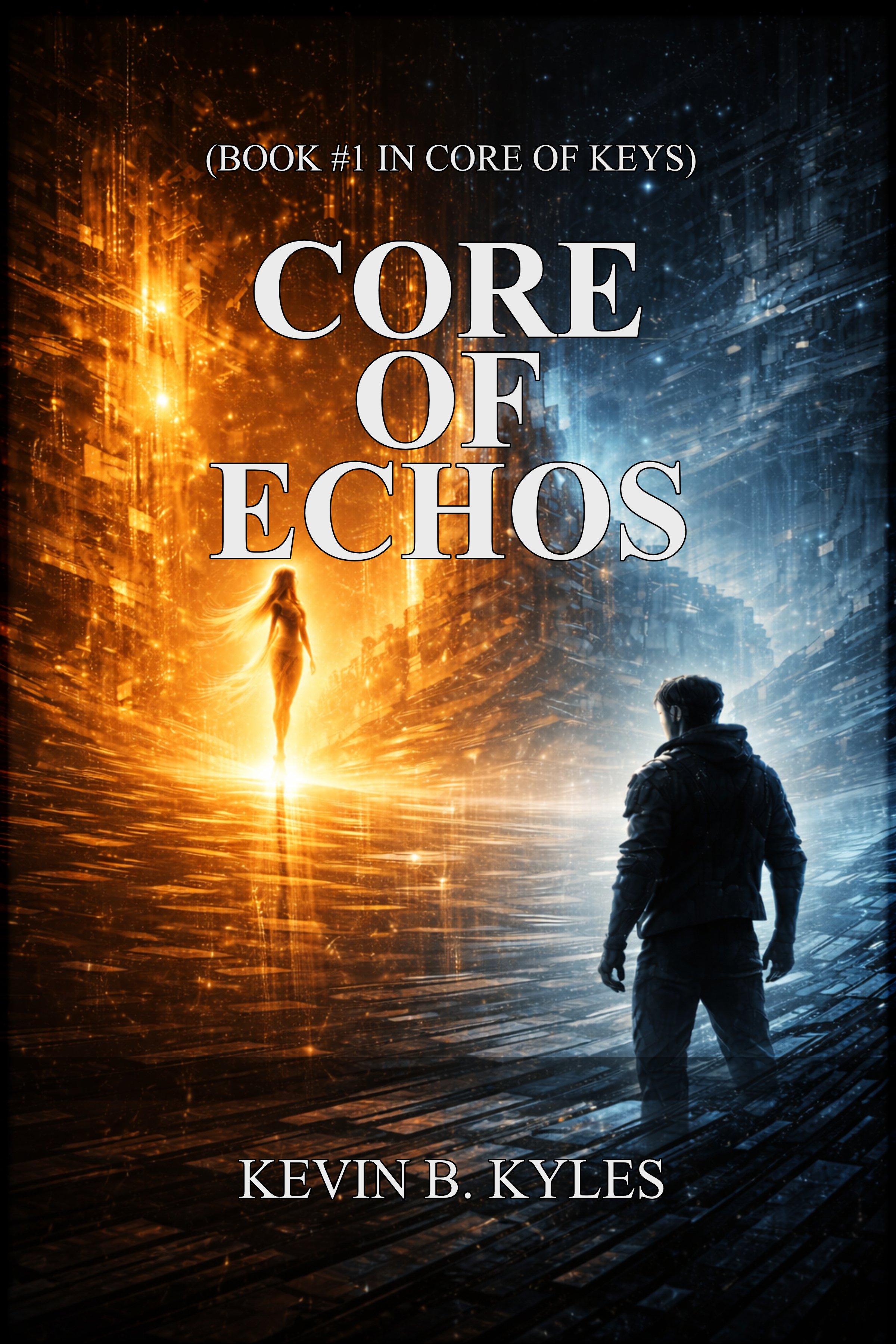 Book cover titled 'Core of Echoes' by Kevin B. Kyles. The background features a futuristic cityscape with digital light effects, divided into a warm orange side on the left and a cool blue side on the right. A silhouette of a woman appears glowing on the orange side, and a man in a jacket stands on the right, gazing at the city.