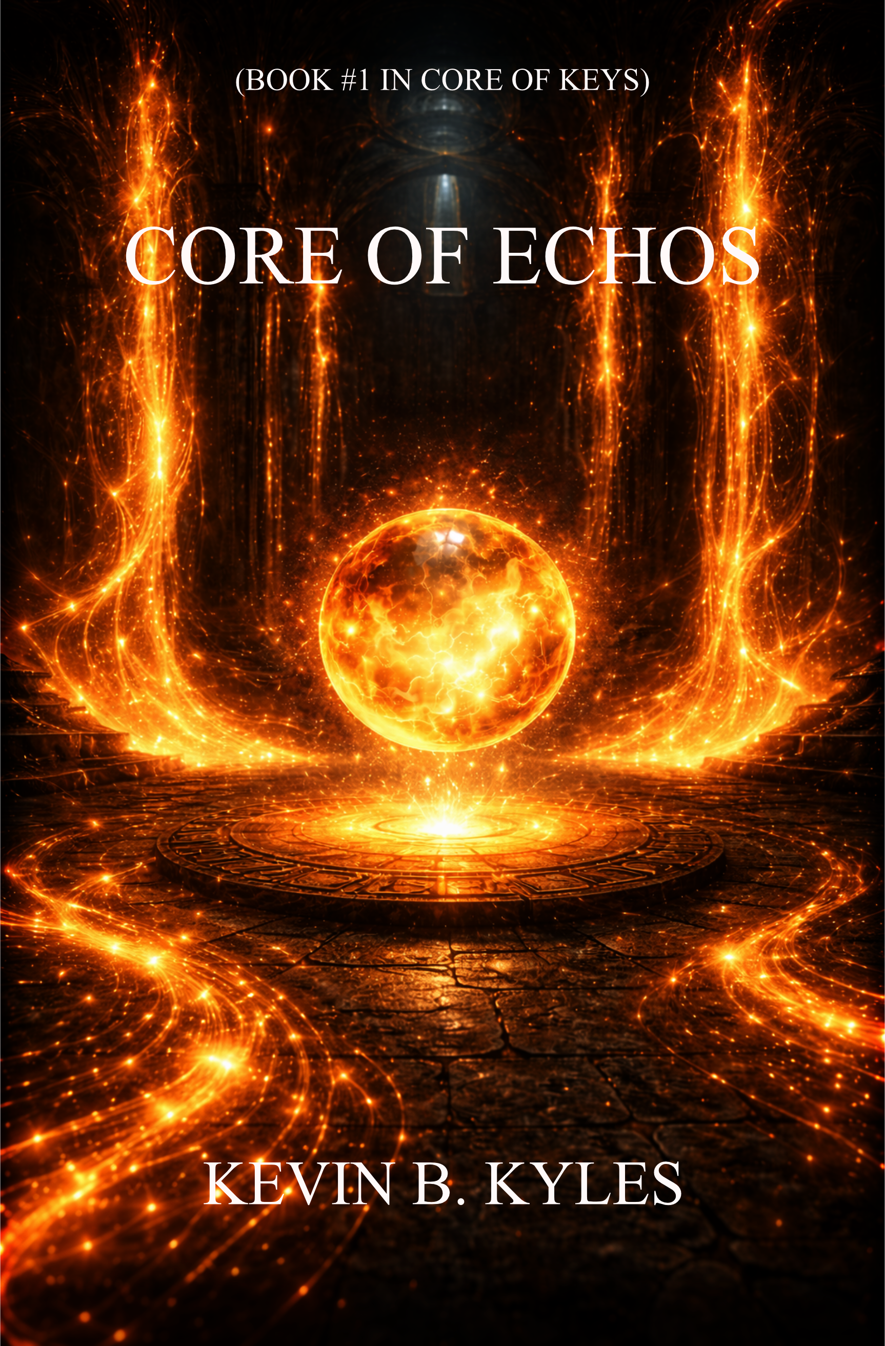 The book cover titled 'Core of Echos' by Kevin B. Kyles features a glowing, fiery sphere floating above a circular platform, surrounded by swirling sparks and energy in a dark, mystical environment.