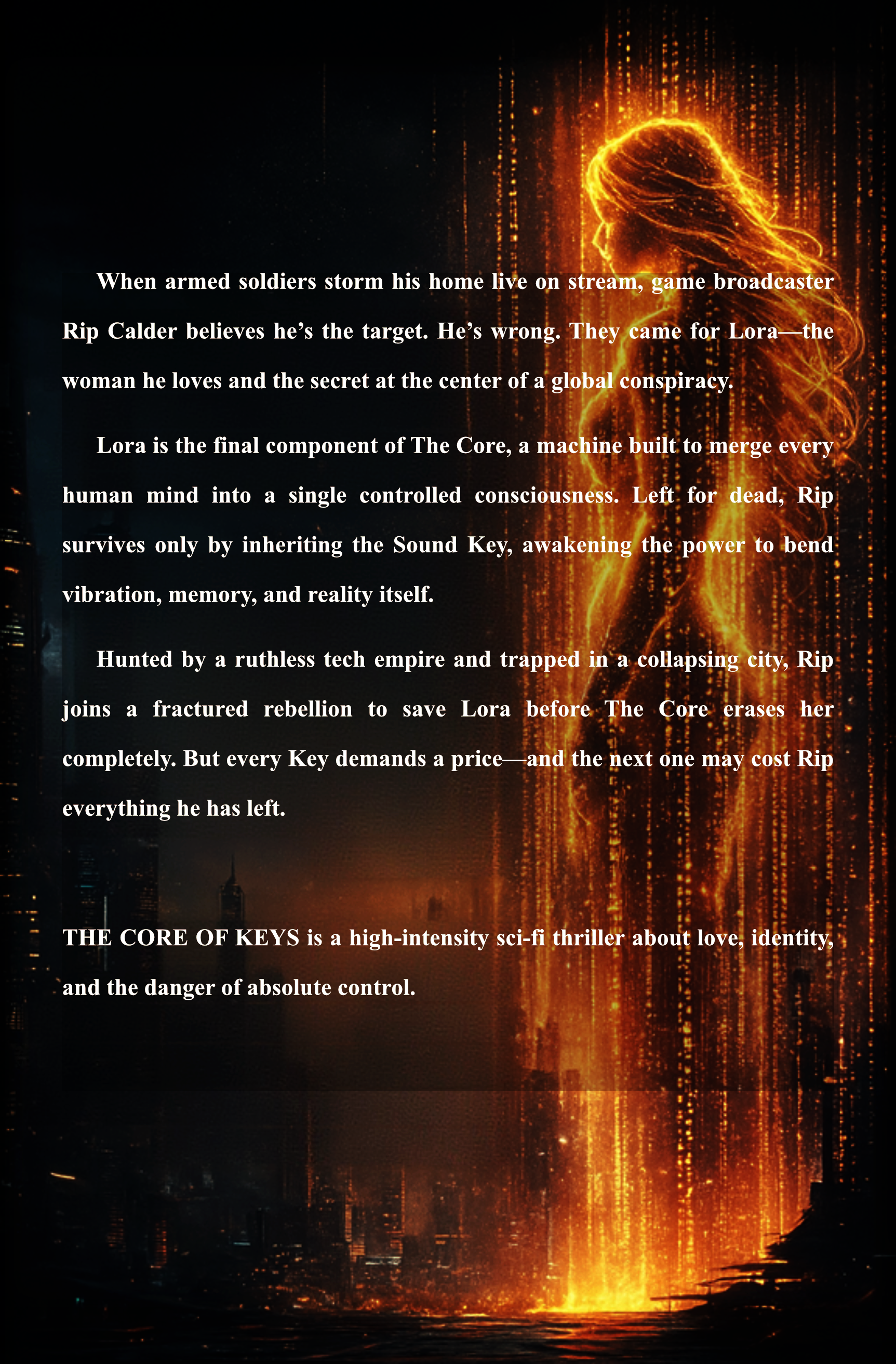 A dark city skyline with a fiery, glowing outline of a woman's profile made of golden digital lines and sparks, set against a digital rain background.