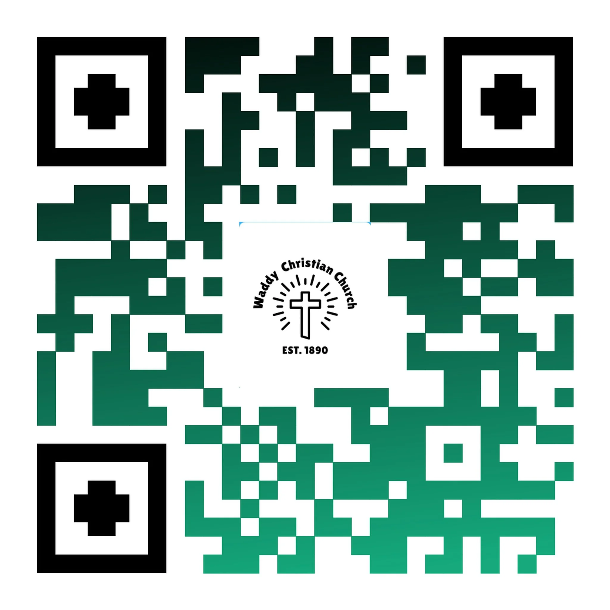 QR code with a church logo and text in the center reading 'Waddy Christian Church EST. 1890'.