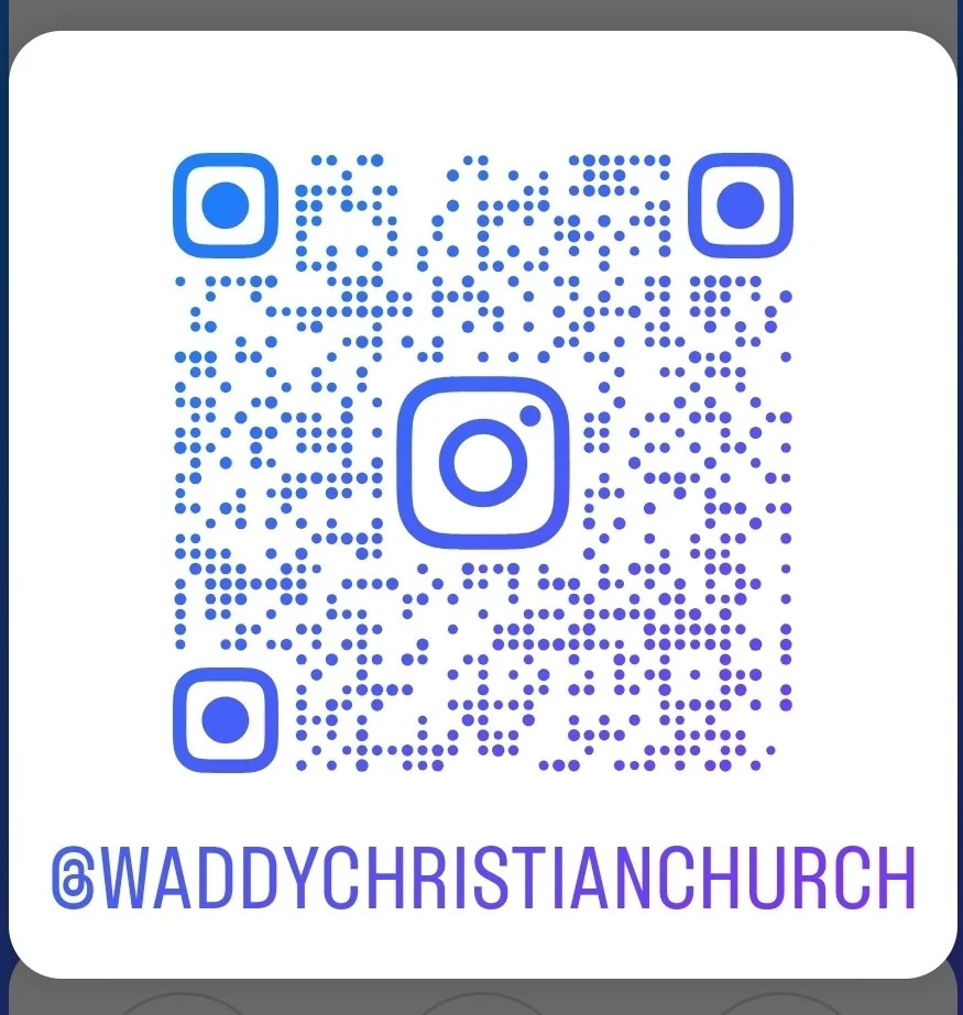 A QR code with the handle @WADDYCHRISTIANCHURCH written below it.