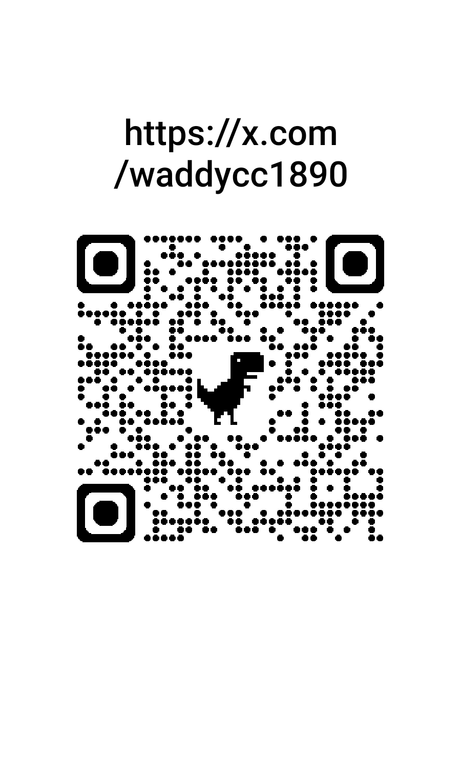 A QR code with a pixelated dinosaur logo in the center and a URL link above it.