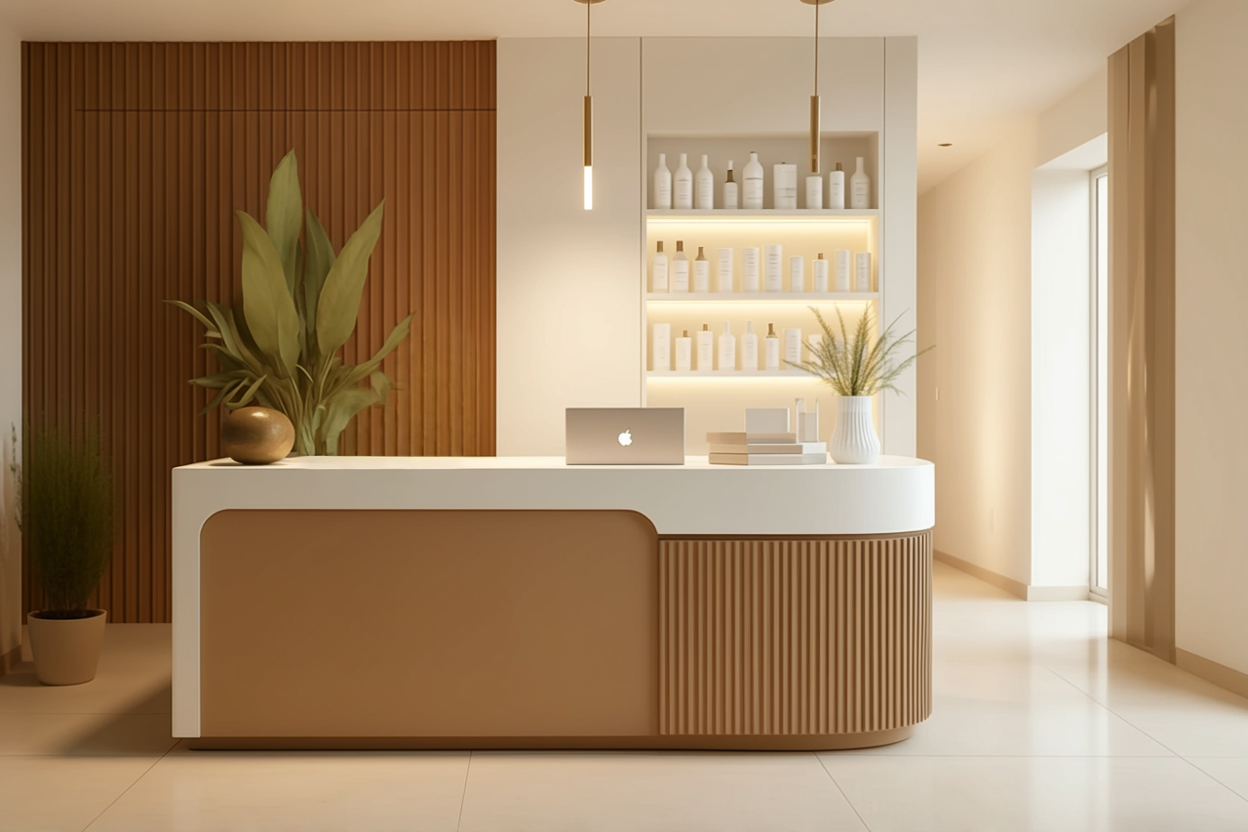 Modern reception desk with a MacBook, books, and plants, in a well-lit, minimalist, and elegant interior with wood paneling and neutral tones.