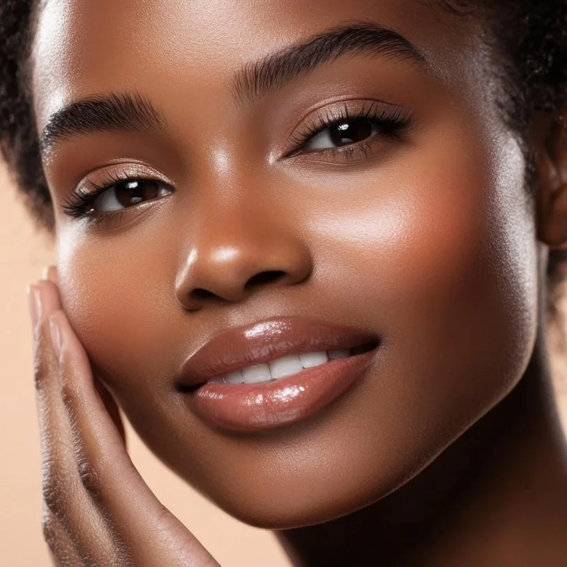 Close-up of a woman with smooth brown skin, natural makeup, and glossy lips, touching her face gently with her left hand.