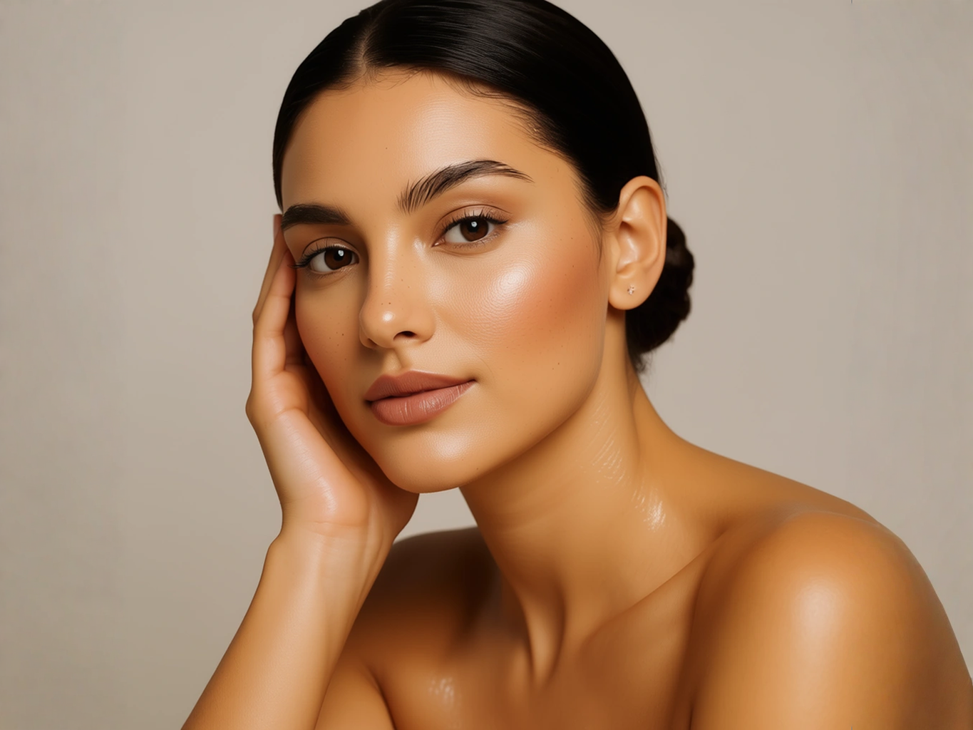 A portrait of a young woman with smooth, glowing skin, dark hair pulled back, and touching her face gently, with neutral background.