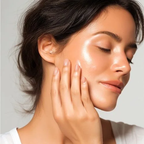 A woman with dark hair and clear skin gently touching her face with her eyes closed, showcasing a radiant complexion.