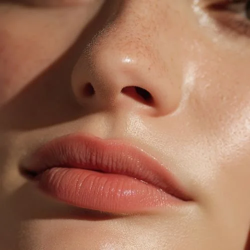Close-up of a person's nose and lips with natural skin texture.