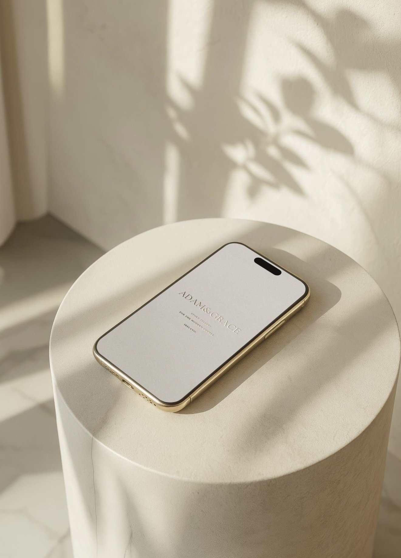 A smartphone with a white screen and text on a round white surface, with shadows of a plant on the wall in the background.
