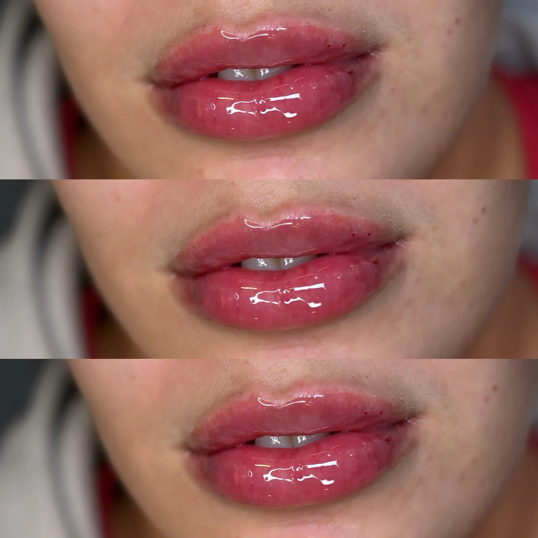 Close-up of lips with glossy pink lipstick three times in a stacked arrangement.