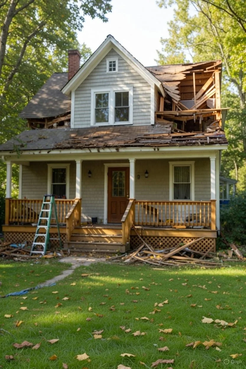 A house with partial roof damage and missing siding, surrounded by fallen leaves on a grassy lawn.