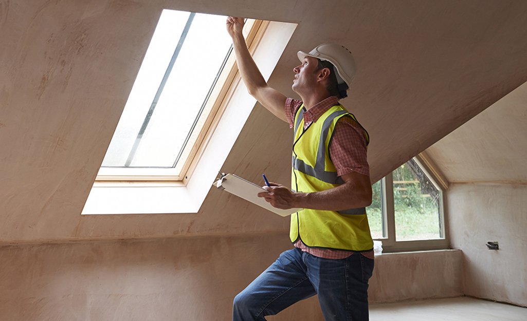 A man wearing a white safety helmet and yellow safety vest inspecting a skylight window in an attic or loft space, holding a clipboard and pen.
