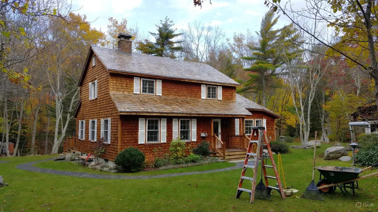 A two-story wooden house with a shingled roof, shutters on the windows, and a small front porch surrounded by a well-maintained lawn and trees.