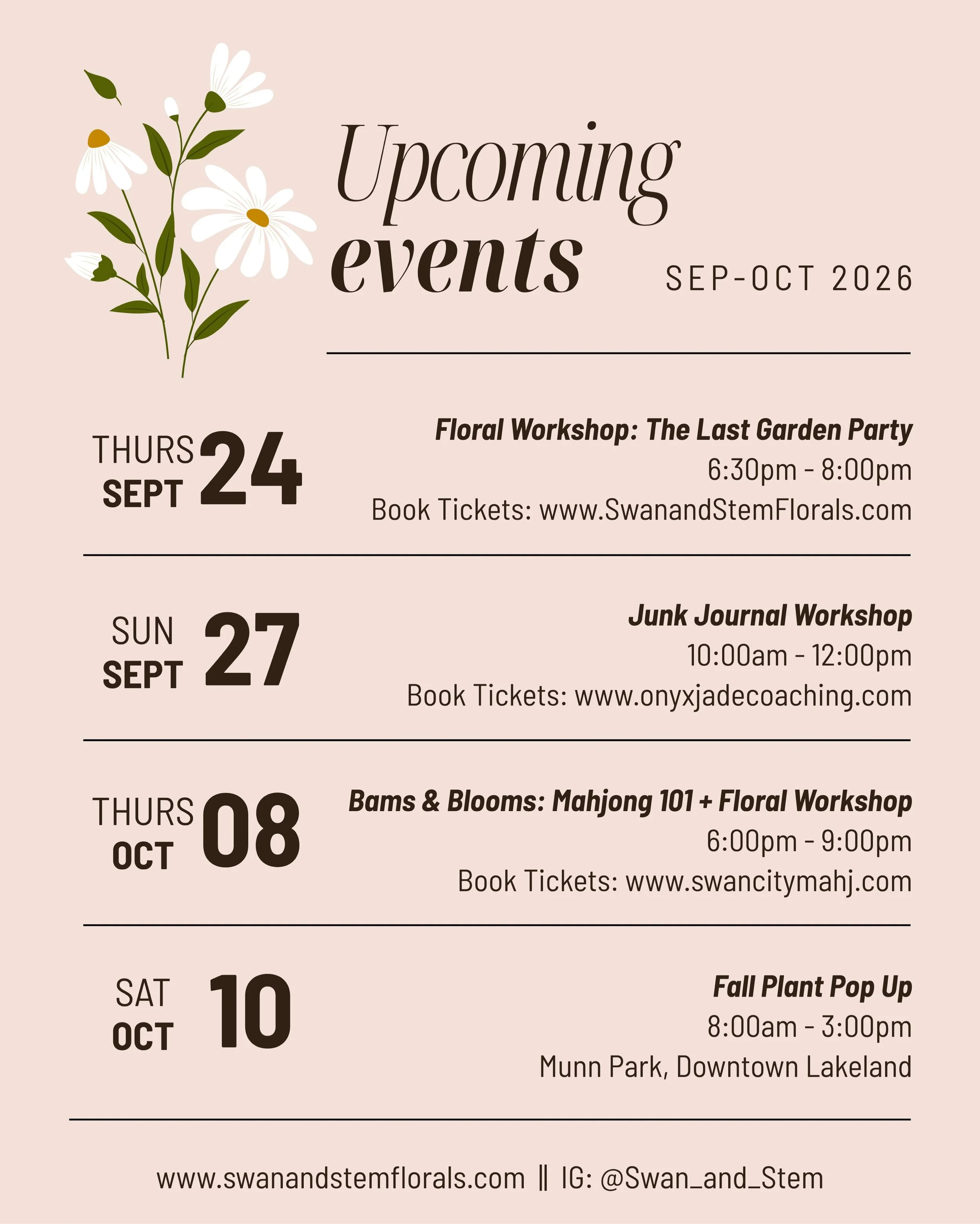 SO MANY fun events coming up 🥳🌸 Ready to get your tickets? Find the website on the flyer or DM to book! See you soon!!
