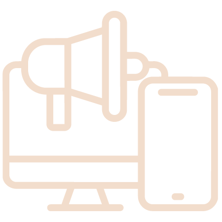 Outline icon of a computer monitor and a megaphone with a smartphone.