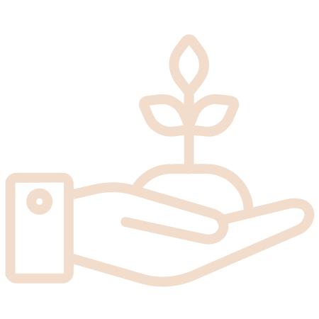 Line drawing of a hand holding a small plant with two leaves