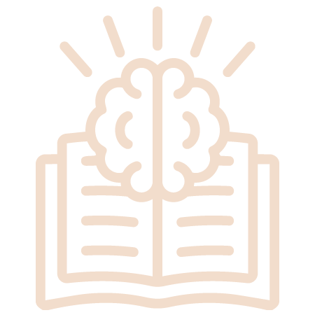 An open book with a brain above it, surrounded by rays, symbolizing knowledge or learning.