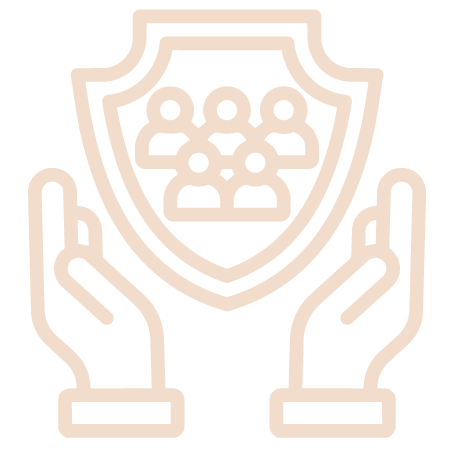 Two hands surrounding a shield with a group of people inside, symbolizing protection or security for a community or team.