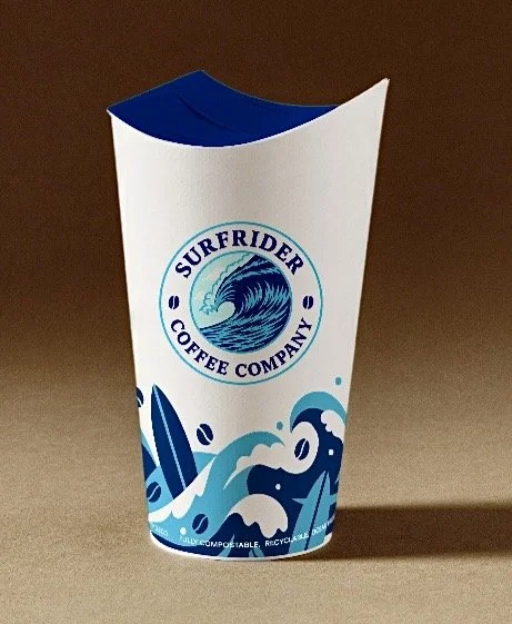 A paper coffee cup with SurfRider Coffee Company logo and wave design.