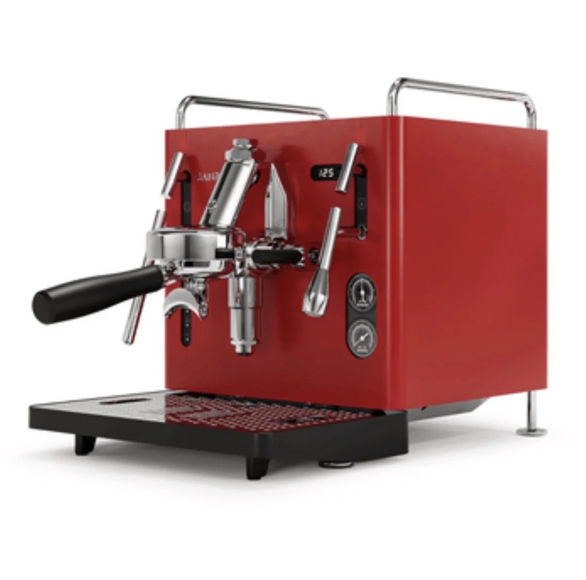 Red espresso machine with black and silver components, digital display, and espresso brewing mechanisms.