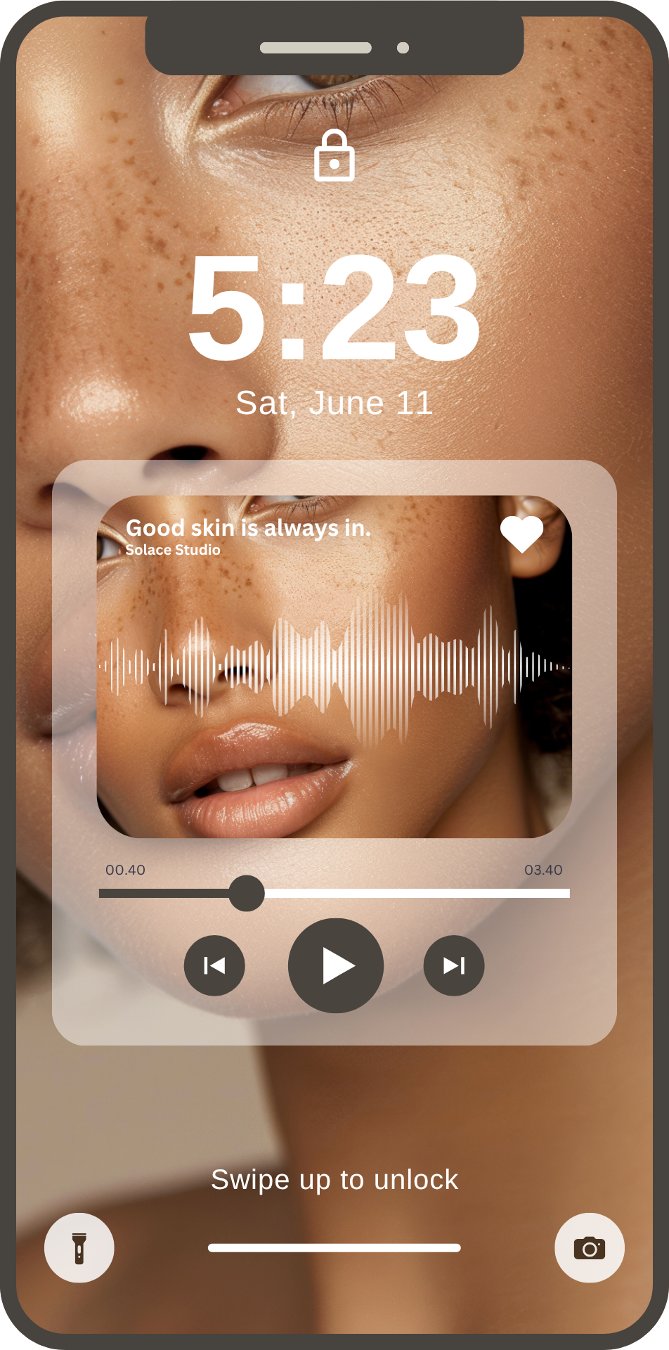 Close-up of a smartphone lock screen displaying a music player with a waveform graphic, a photo of a woman with smooth skin and makeup, and a notification titled 'Good skin is always in' from Solace Studio.