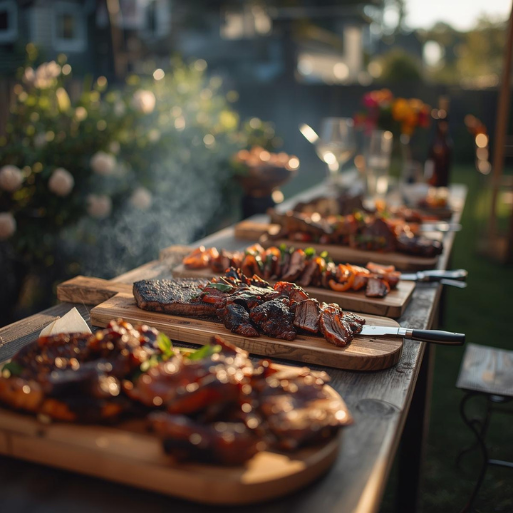 Barbecue catering setup with smoked meats and sides for a private event gathering.