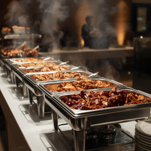 Full-service BBQ catering buffet with smoked meats and sides prepared for a corporate event.