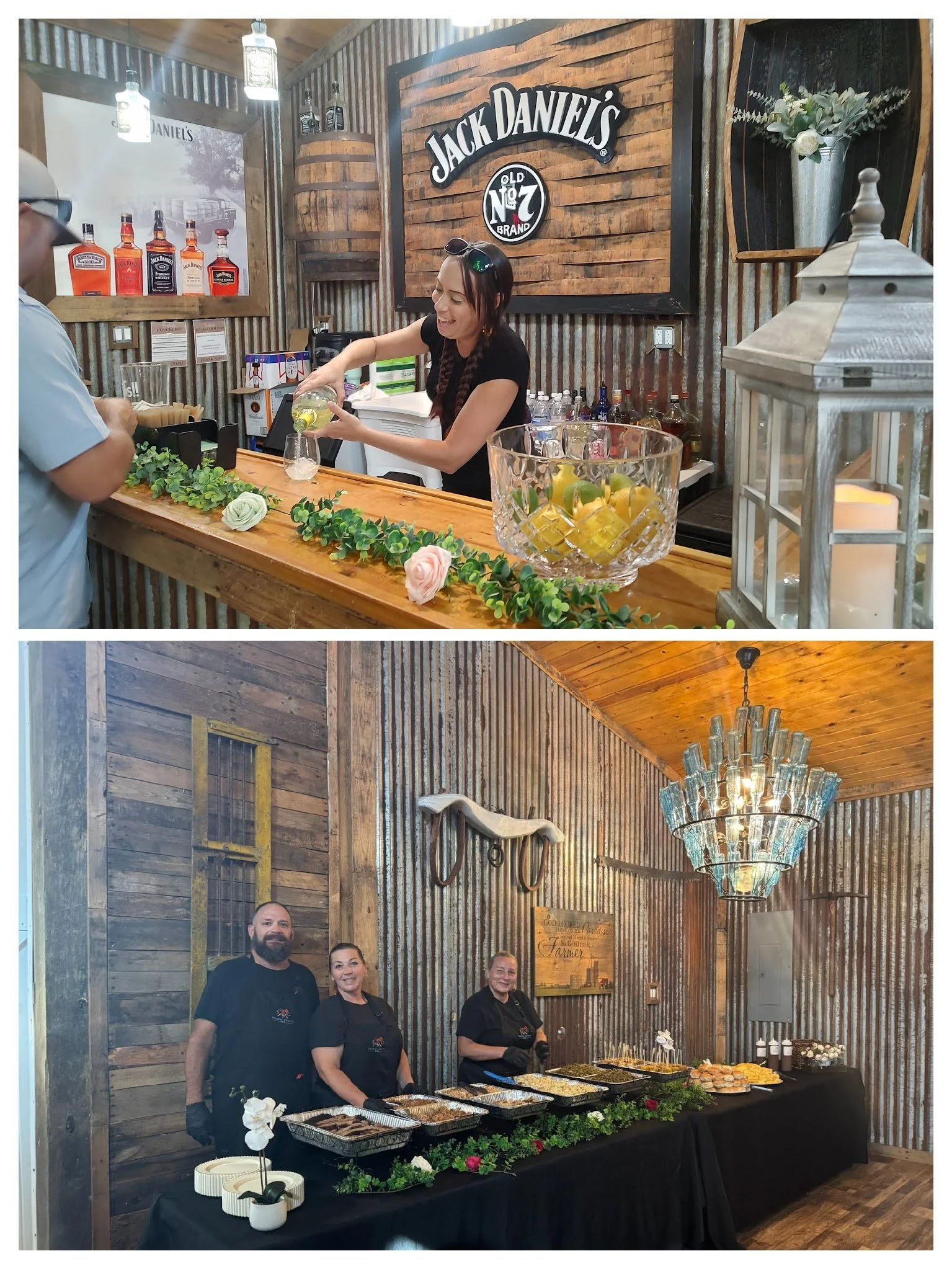 Smokin’ Crow’s BBQ catering team providing full-service event support, including a staff bartender preparing drinks and a professional crew setting up a buffet for a catered event in Southwest Florida.