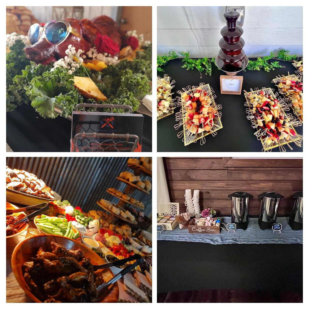 Catering add-on options including appetizer displays, dessert stations, coffee service, and specialty buffet setups by Smokin’ Crow’s BBQ.