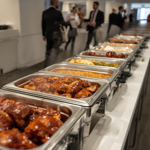 Full-service barbecue catering setup for a corporate event in Southwest Florida.