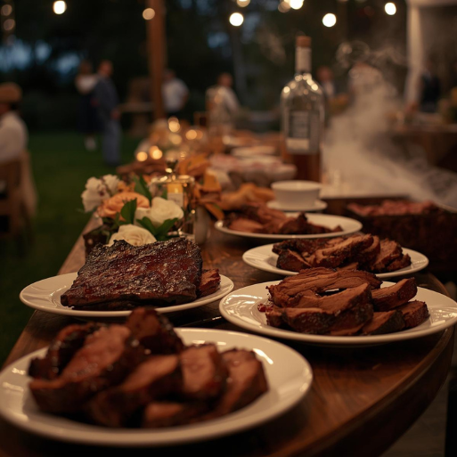 Slow-smoked barbecue meats and classic sides displayed at an outdoor wedding catering event in Southwest Florida.