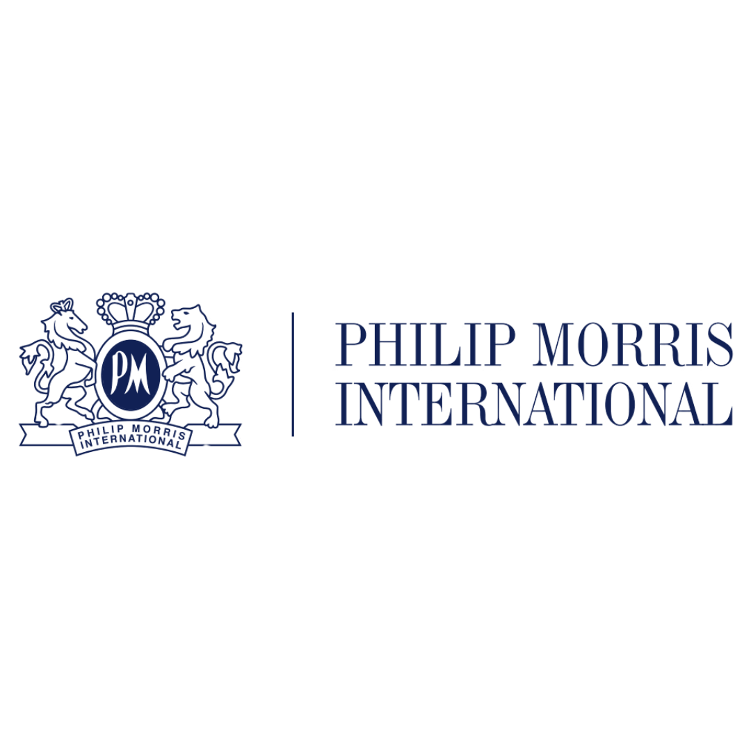 Philip Morris International logo featuring an emblem with two lions and a crown.