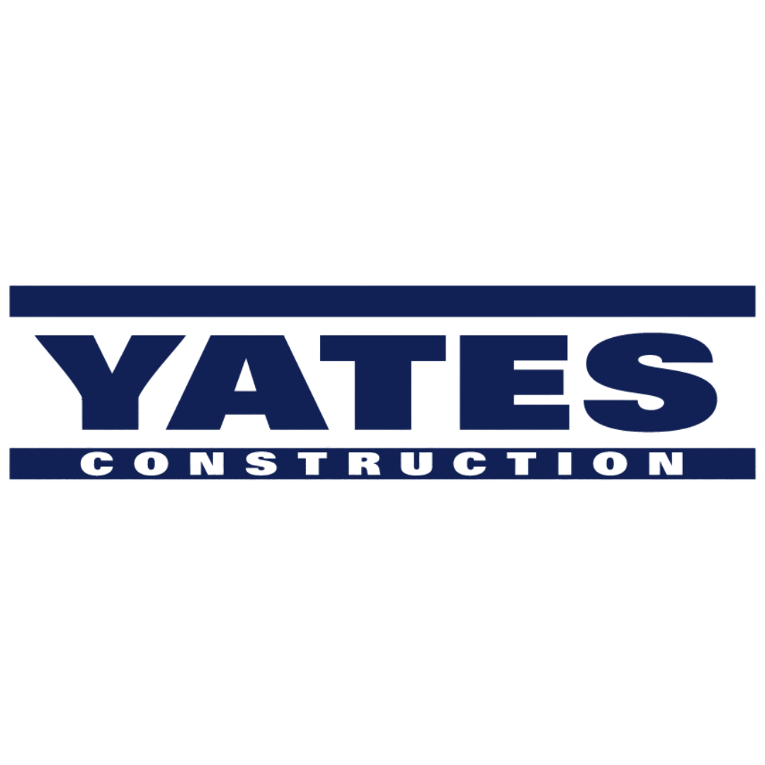 Yates Construction logo with blue letters on a white background